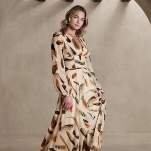 Banana Republic Feather Print Cotton-Silk Maxi Dress | Size 6 | Boho Luxe